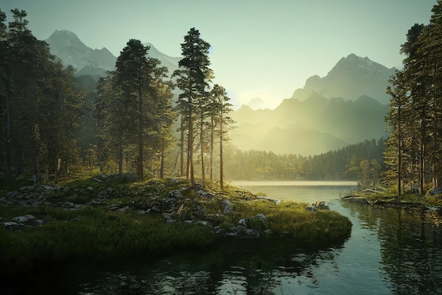 Un paisaje con montañas y árboles al fondo.