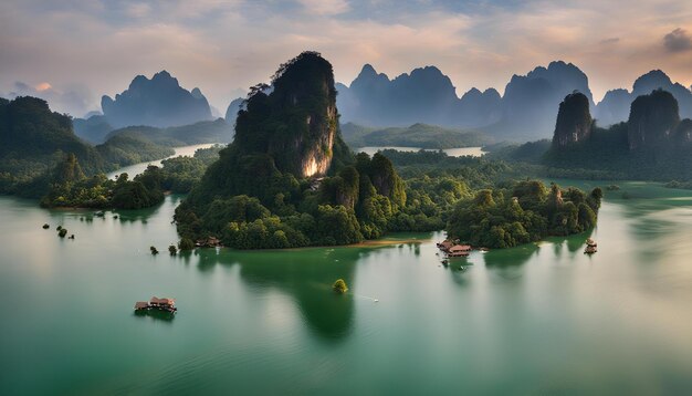 un paisaje con montañas y barcos en el agua