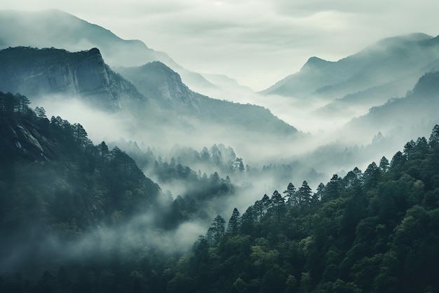 Un paisaje de montañas boscosas llenas de niebla