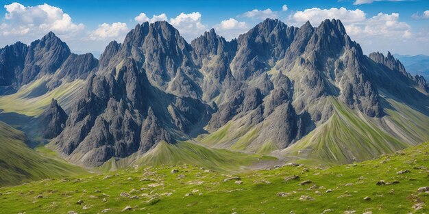 Un paisaje de montañas con un campo verde y un cielo azul.