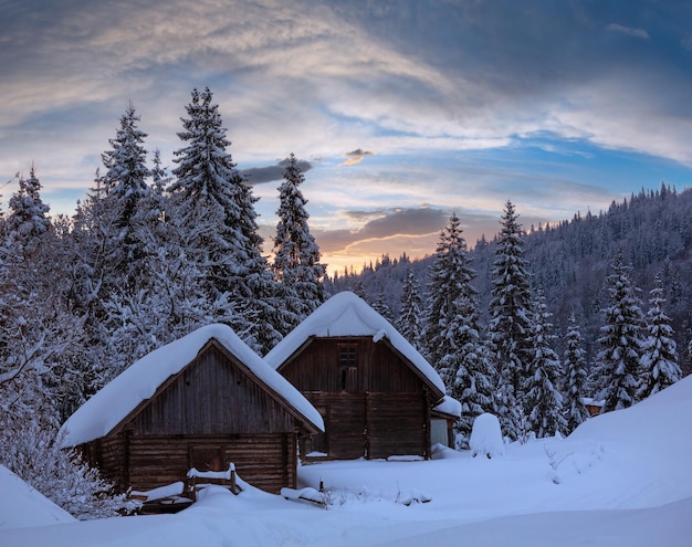 Paisaje de las montañas de los Cárpatos ucranianos de invierno por la noche