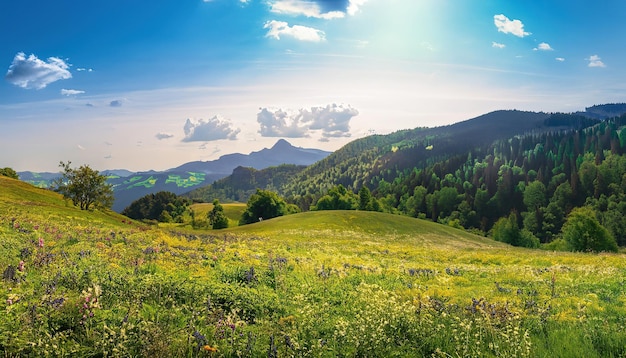 Un paisaje con montañas y un cielo azul con nubes.