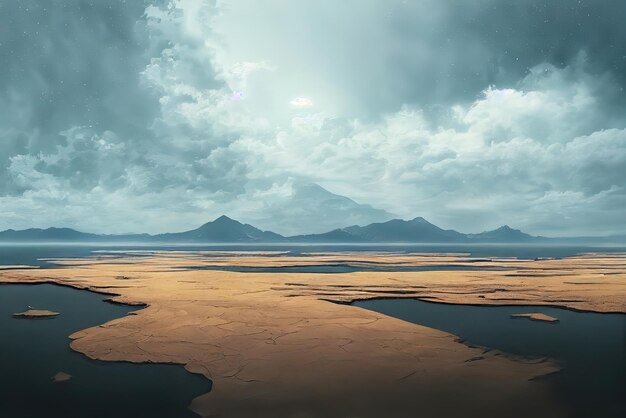 Un paisaje con montañas y un cielo nublado.