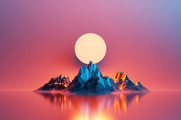 Paisaje de montañas coloridas con cielo claro Fondo de naturaleza al aire libre Ilustración 3d de decoración de invierno lowpoly Concepto de arte de juego