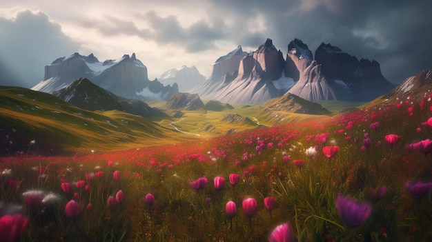 Un paisaje con montañas y flores al fondo.