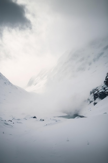 Paisaje de montañas de invierno brumoso