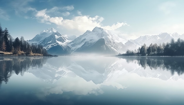 Paisaje de montañas de invierno y lago