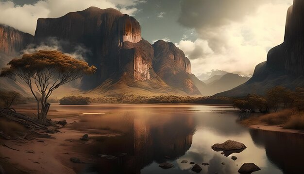 Un paisaje con montañas y un lago con un árbol del lado izquierdo.