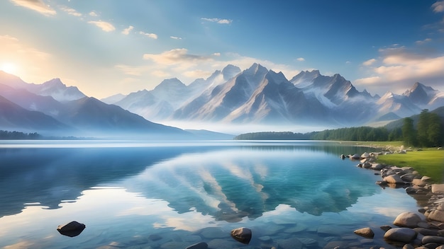 Paisaje con montañas y un lago hermoso