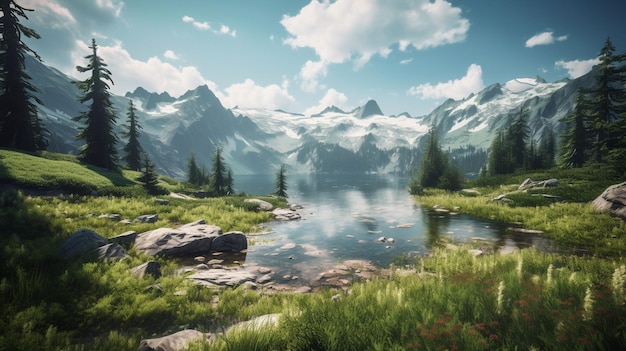 Un paisaje con montañas y un lago con un lago en medio