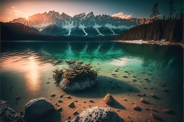 Un paisaje con montañas y un lago con una montaña al fondo