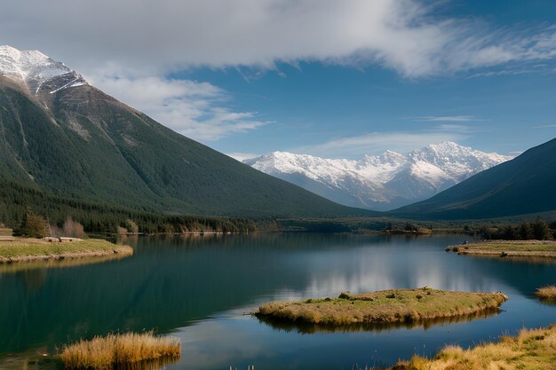 un paisaje con montañas y un lago