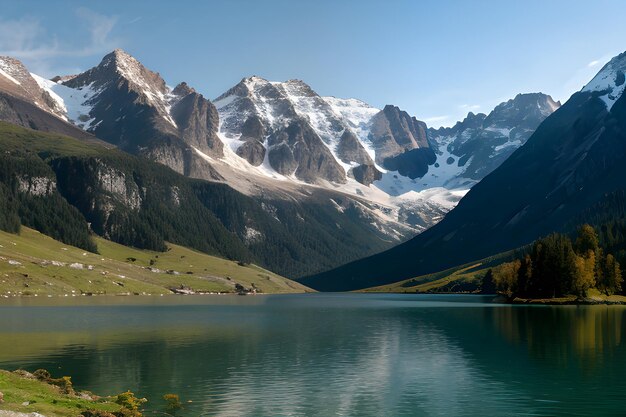 un paisaje con montañas y un lago