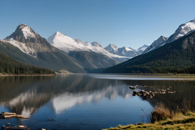 un paisaje con montañas y un lago