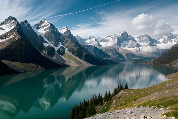 un paisaje con montañas y un lago