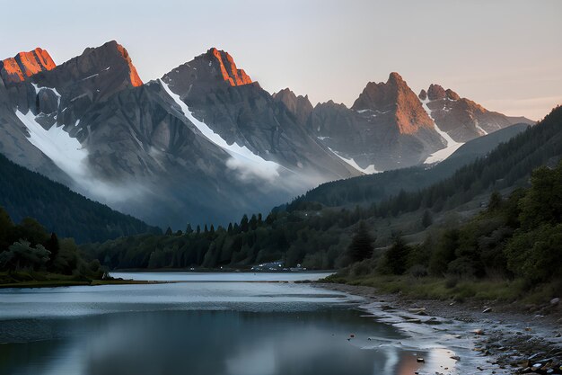 un paisaje con montañas y un lago