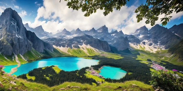 Un paisaje con montañas y un lago.