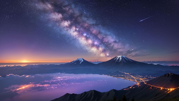 Paisaje de montañas y lagos con un hermoso fondo de cielo galáctico púrpura