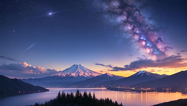 Paisaje de montañas y lagos con un hermoso fondo de cielo galáctico púrpura