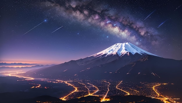 Paisaje de montañas y lagos con un hermoso fondo de cielo galáctico púrpura