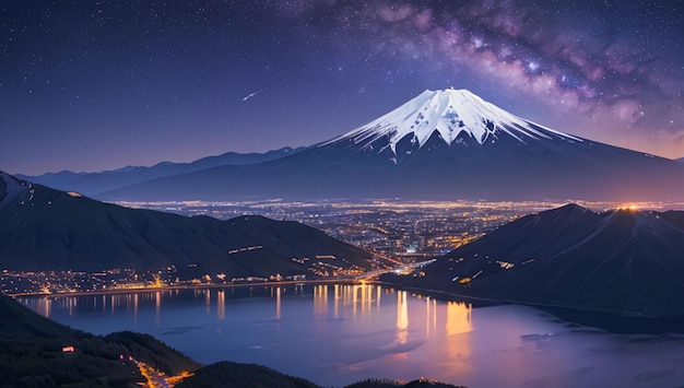 Paisaje de montañas y lagos con un hermoso fondo de cielo galáctico púrpura