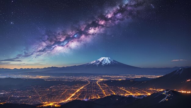 Paisaje de montañas y lagos con un hermoso fondo de cielo galáctico púrpura