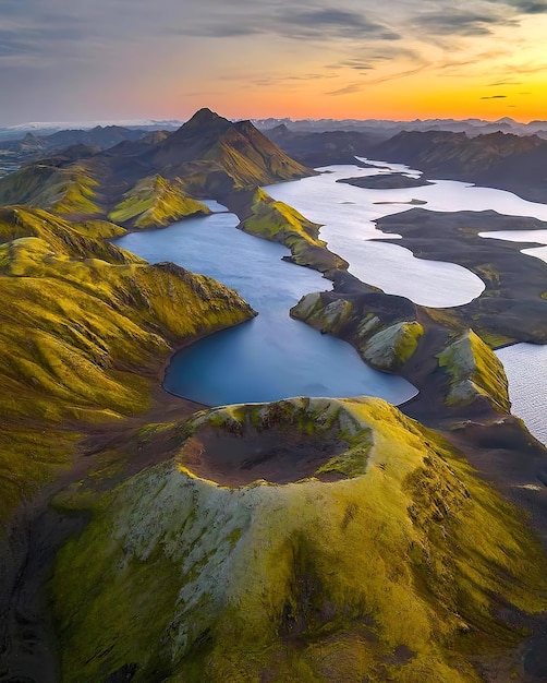 Un paisaje con montañas y lagos en Islandia