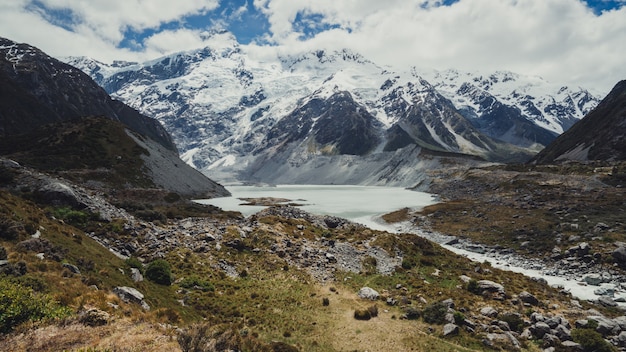 Paisaje de montañas, lagos y praderas