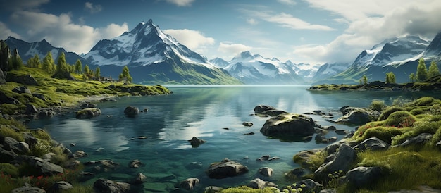 paisaje con montañas y lagos