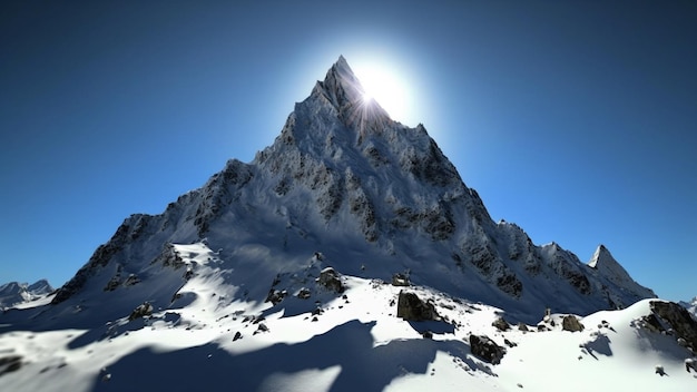 Paisaje de montañas nevadas contra picos de montaña de cielo azul claro IA generativa