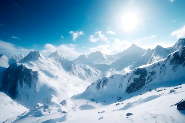 Paisaje de montañas nevadas nieve en los picos del monte cielo azul ai generativo