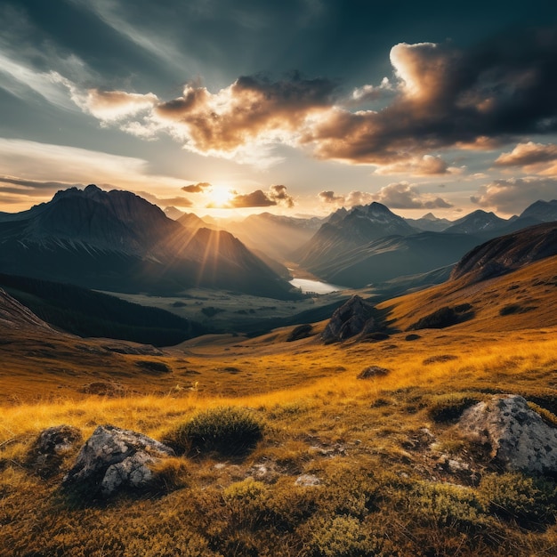 Un paisaje con montañas y nubes.