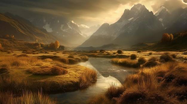 Un paisaje con montañas y un río con un cielo nublado