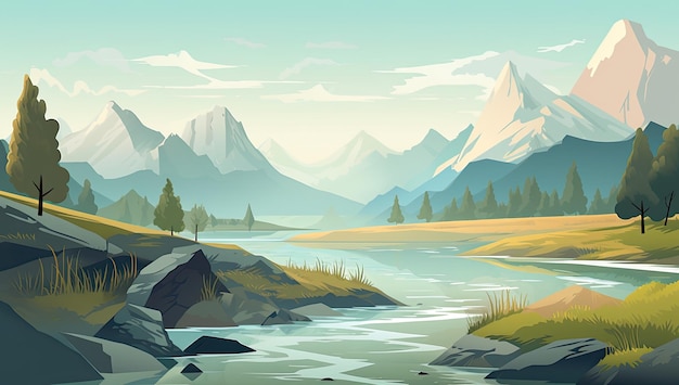 Paisaje con montañas y río Ilustración vectorial en estilo de dibujos animados