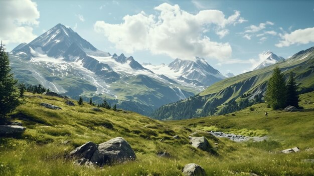 Un paisaje con montañas y un río a lo lejos.