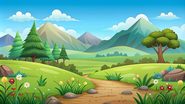 un paisaje con montañas y un río con un paisaje de montaña