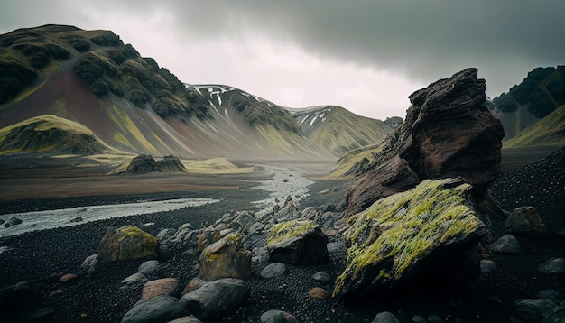 Un paisaje con montañas y un río en primer plano.