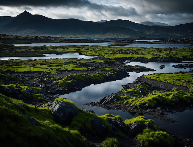 Un paisaje con montañas y un río en primer plano.