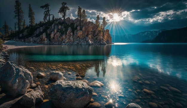 Foto un paisaje de montañas rocosas con un lago y el sol brillando a través de las nubes