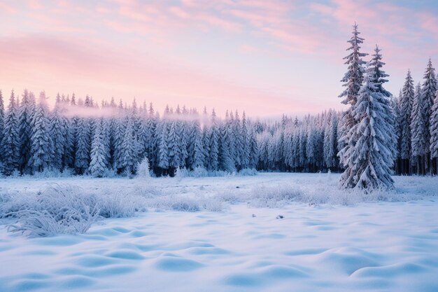 Paisaje montañoso aburrido y tranquilo de invierno con abetos en la pendiente