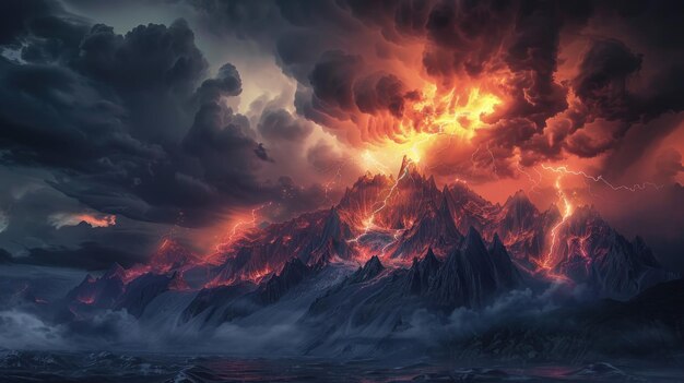 Paisaje montañoso ardiente con tormenta de relámpagos