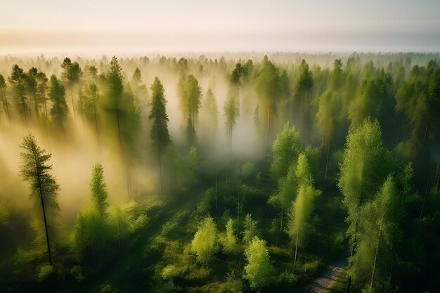 Paisaje montañoso brumoso con bosque de abeto y espacio de copia en estilo retro hipster neural