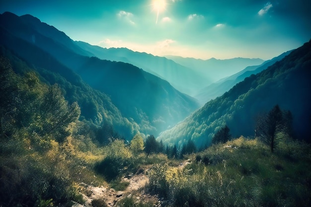 Un paisaje montañoso con cielos soleados de fondo