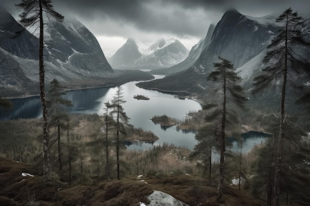 Paisaje montañoso y desolador en Noruega imponente y melancólico generativo IA