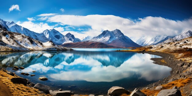 Foto paisaje montañoso con un lago en la cumbre