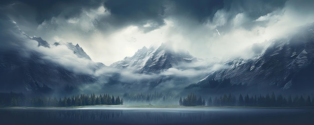 Paisaje montañoso místico con un lago nebuloso rodeado de bosque Ilustración generada por IA