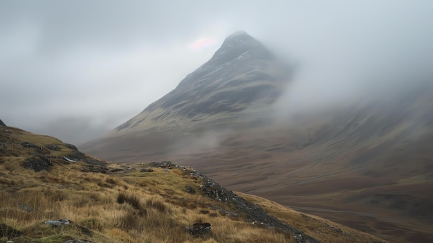 Paisaje montañoso nebuloso con un pico en la distancia El primer plano es una ladera cubierta de hierba con un afloramiento de roca