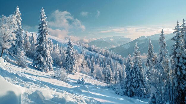 un paisaje montañoso nevado con árboles y nieve en el suelo