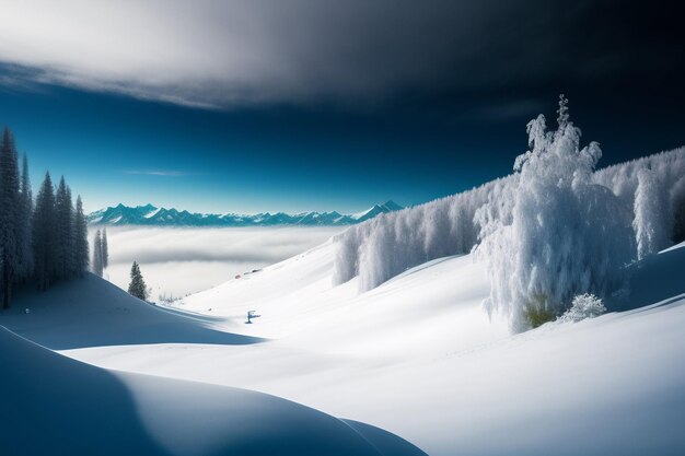 Un paisaje montañoso nevado con una cadena montañosa nevada al fondo.