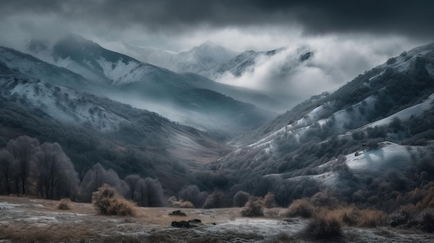 Un paisaje montañoso nevado con una cordillera al fondo